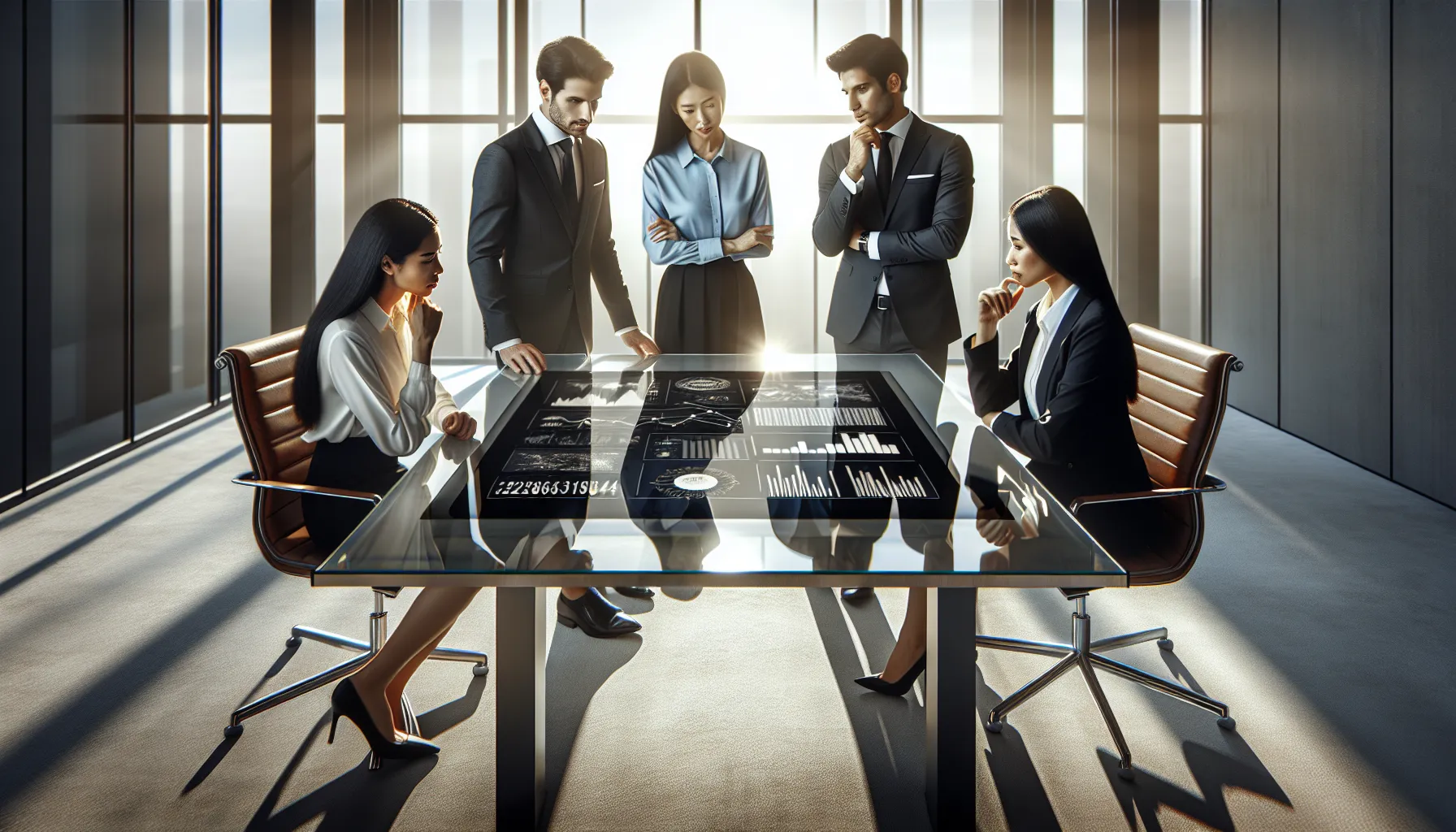 diverse professionals discussing the significance of a number in a modern office.